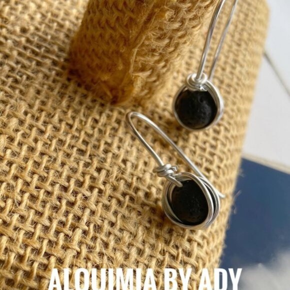 Silver statement black lava rock dangle  earrings - Picture 1 of 1